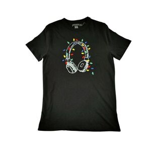 French Connection‎ Mens Black Christmas Headphones Embroidered T-Shirt S NWOT